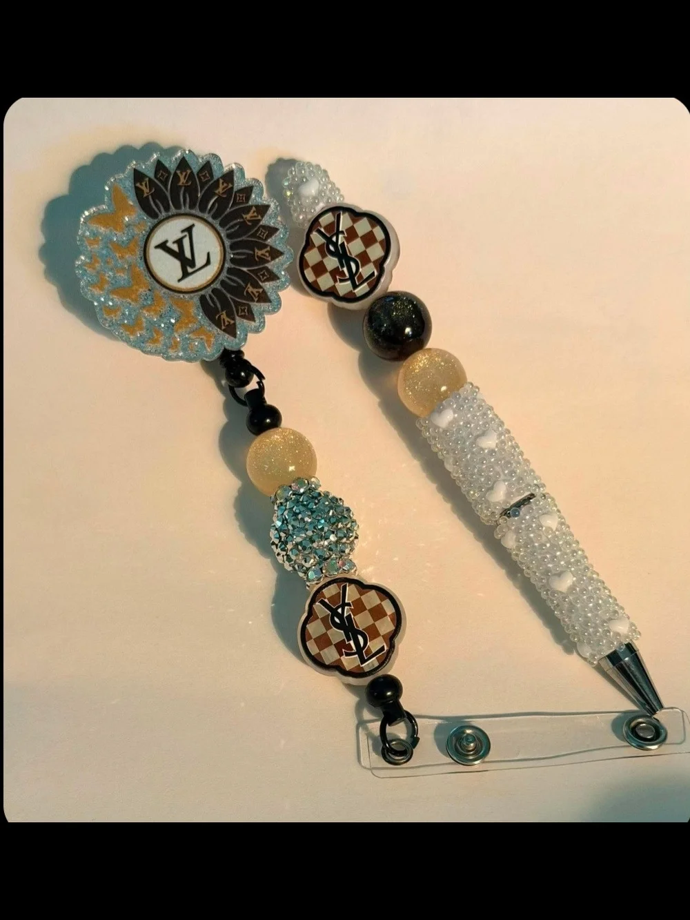 Handmade White and Gold Beaded Pen And Matching Badge Reel